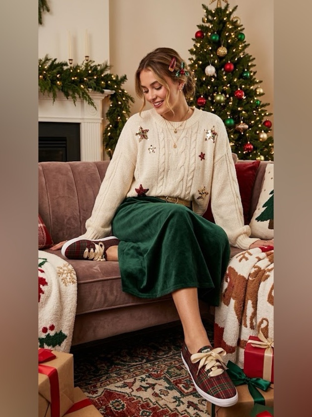 Vintage Holiday Oxford Red and Green Plaid Keds with Gold and Cream Ribbon Laces